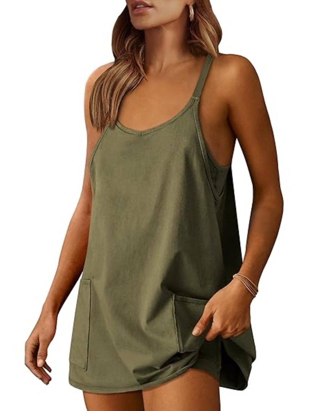 Hot shot mini dress romper skort olive pockets fp movement adjustable straps